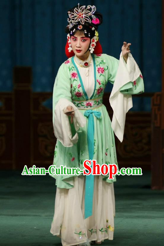 Chinese Traditional Peking Opera Apparels Costumes Matchmaker Garment Young Actress Hong Niang Green Dress and Headwear