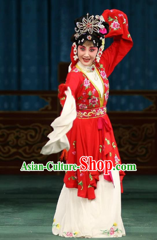 Traditional Chinese Peking Opera Matchmaker Apparels Hong Niang Costumes Young Actress Red Dress Garment and Headpieces