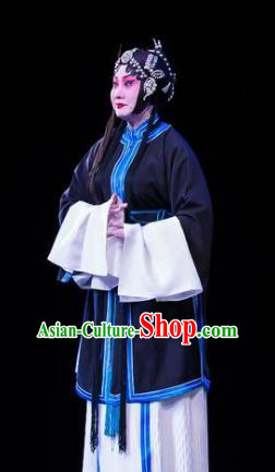 Traditional Chinese Peking Opera Distress Maiden Apparels Garment Four Scholars Actress Tsing Yi Navy Dress Costumes and Headwear