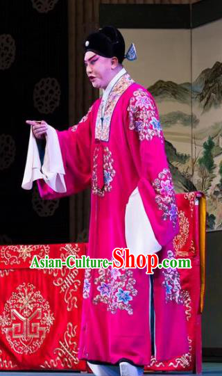 Chinese Peking Opera Xiao Sheng Apparels Costumes Four Scholars Number One Scholar Red Garment and Hat