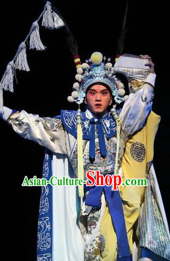 Chinese Peking Opera Martial Role Apparels Costumes The Revenge of Prince Zi Dan Garment Wusheng Young Men Robe with Cloak and Headwear