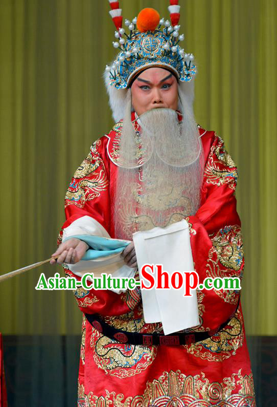 Chinese Peking Opera General Costumes Zhu Lian Zhai Apparels Wu Sheng Garment Official Red Python Embroidered Robe and Headwear