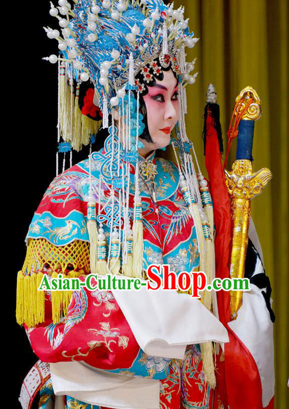 Traditional Chinese Peking Opera Hua Tan Costumes Apparels Garment Zhu Lian Zhai Empress Red Dress and Headwear