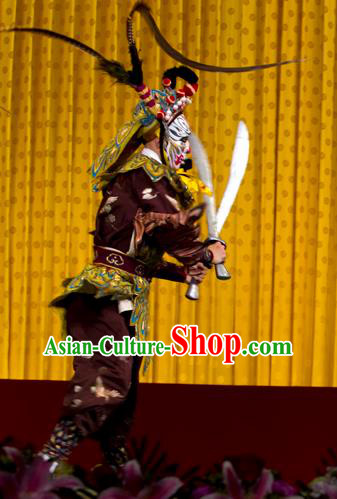 Chinese Peking Opera Monster Takefu Costumes The Fire Fenix Apparels Martial Male Actor Wu Sheng Purple Garment and Headwear