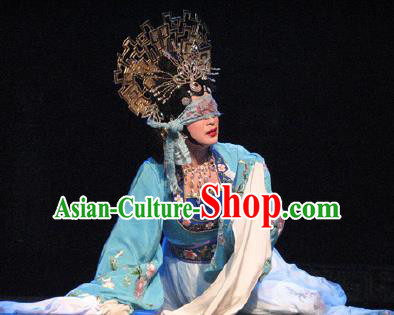 Chinese Beijing Opera Noble Consort Su Daji Costumes Apparels Garment The Legend and Hero Peking Opera Hua Tan Blue Dress and Headpieces