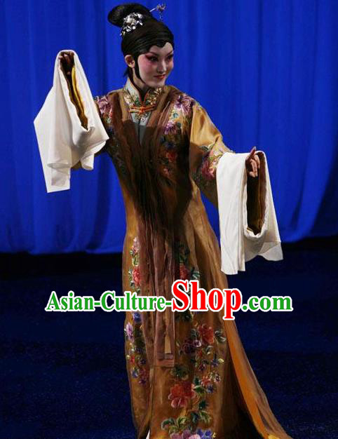 Chinese Kun Opera Hua Tan Apparels Costumes The Fragrant Companion Peking Opera Diva Young Lady Garment Embroidered Brown Dress and Hair Accessories