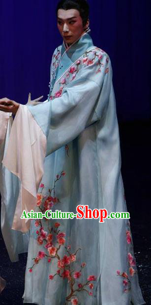 Chinese Peking Opera Young Male Costumes Kun Opera The Fragrant Companion Niche Apparels Garment Scholar Blue Embroidered Robe and Headpiece