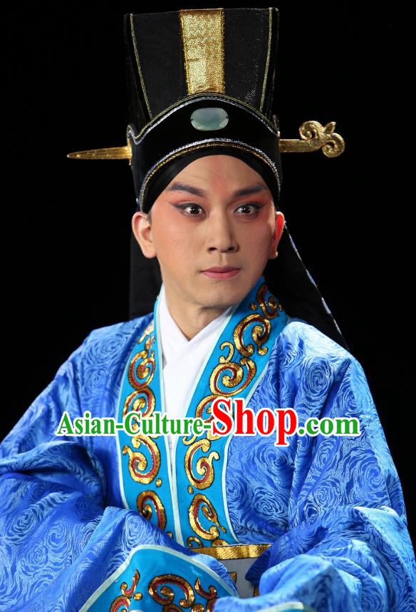 Chinese Historical Beijing Opera Niche Costumes Cao Cao And Yang Xiu Apparels Young Male Blue Garment and Hat