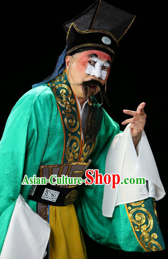 Chinese Historical Beijing Opera Chou Role Costumes Cao Cao And Yang Xiu Apparels Clown Green Garment and Hat