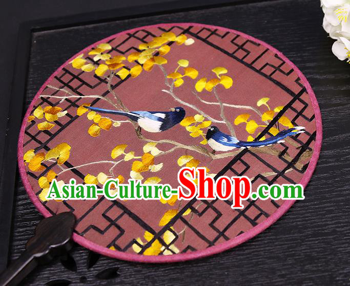 Chinese Traditional Embroidered Ginkgo Palace Fans Handmade Classical Dance Ebony Round Fan for Women
