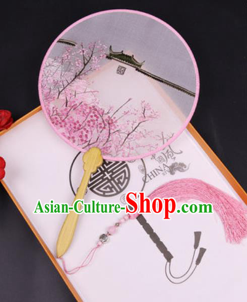 Chinese Traditional Embroidered Peach Blossom Palace Fans Handmade Classical Dance Ebony Round Fan for Women
