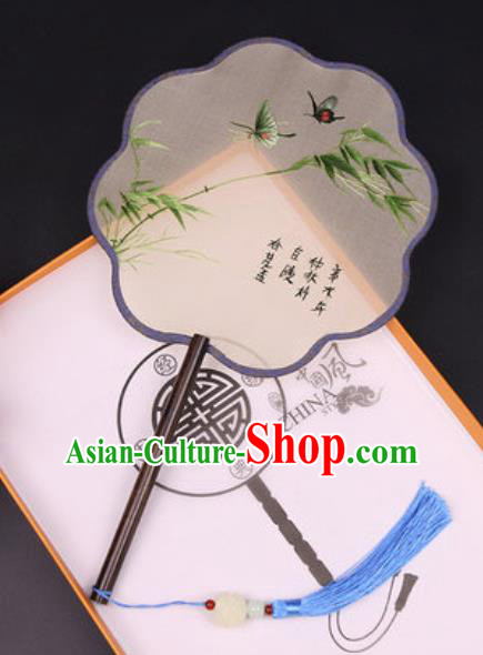 Chinese Traditional Embroidered Bamboo Butterfly Silk Fans Handmade Classical Dance Ebony Palace Fan for Women