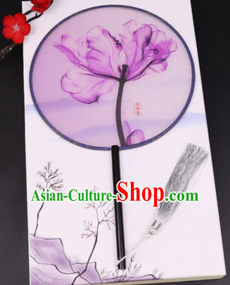 Chinese Traditional Printing Purple Leaf Round Fans Handmade Classical Dance Ebony Palace Fan for Women