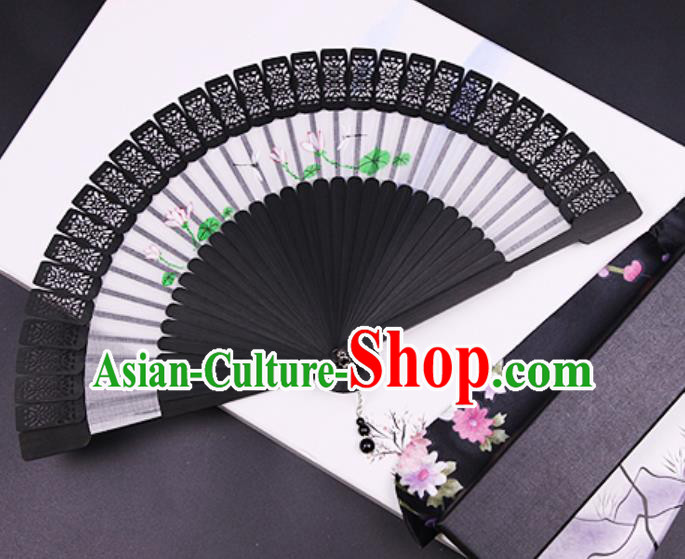 Chinese Traditional Painting Lotus Black Bamboo Fans Handmade Accordion Classical Dance Folding Fan