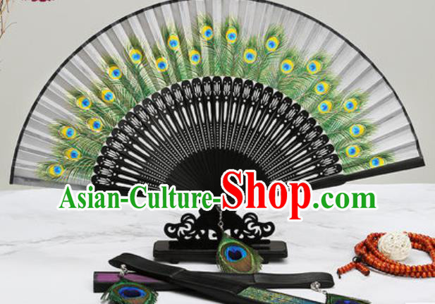 Chinese Traditional Printing Peacock Feather Grey Silk Fan Classical Dance Accordion Fans Folding Fan