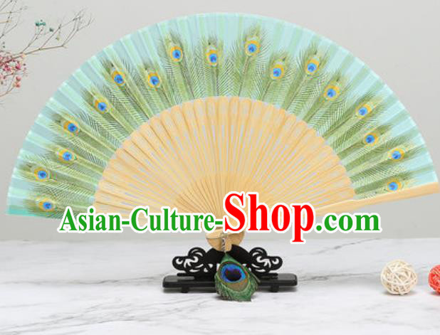 Chinese Traditional Printing Peacock Feather Light Green Silk Fan Classical Dance Accordion Fans Folding Fan