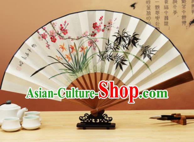 Chinese Traditional Hand Painting Orchids Plum Bamboo Paper Fan Classical Dance Accordion Fans Folding Fan