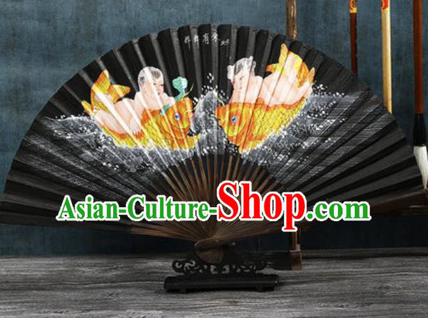 Chinese Traditional Painting Fish Black Bamboo Fans Handmade Accordion Classical Dance Paper Fan Folding Fan