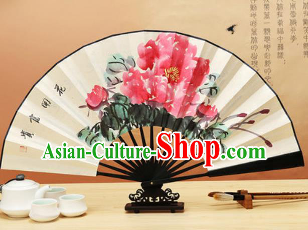 Chinese Traditional Hand Painting Peony Ebony Paper Fan Classical Dance Accordion Fans Folding Fan