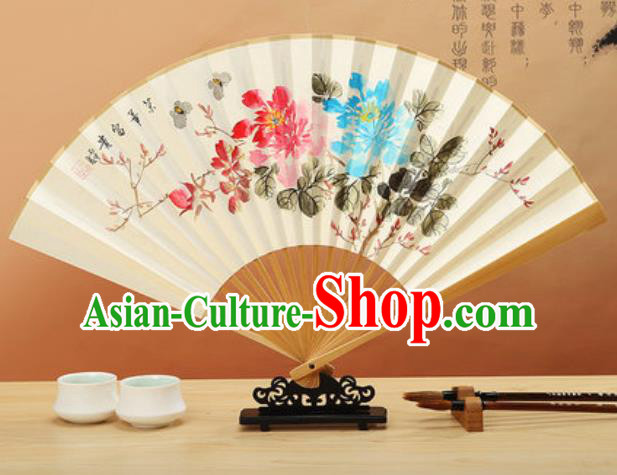 Chinese Hand Painting Peony Plum Flowers Paper Fan Traditional Classical Dance Accordion Fans Folding Fan