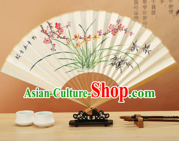 Chinese Hand Painting Orchids Bamboo Plum Paper Fan Traditional Classical Dance Accordion Fans Folding Fan