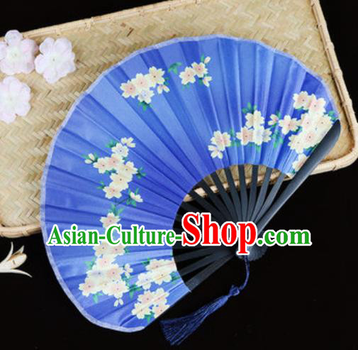 Handmade Chinese Printing Sakura Royalblue Satin Fan Traditional Classical Dance Accordion Fans Folding Fan