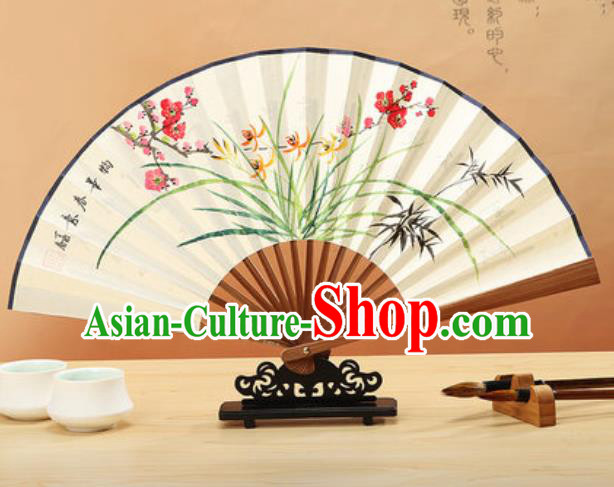 Chinese Hand Painting Orchid Plum Paper Fan Traditional Classical Dance Accordion Fans Folding Fan