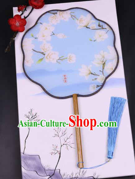 Handmade Chinese Printing Mangnolia Blue Silk Fans Traditional Classical Dance Palace Fan for Women