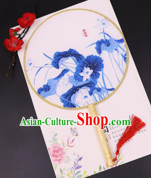 Chinese Traditional Printing Blue Lotus Silk Fans Handmade Classical Dance Palace Fan for Women