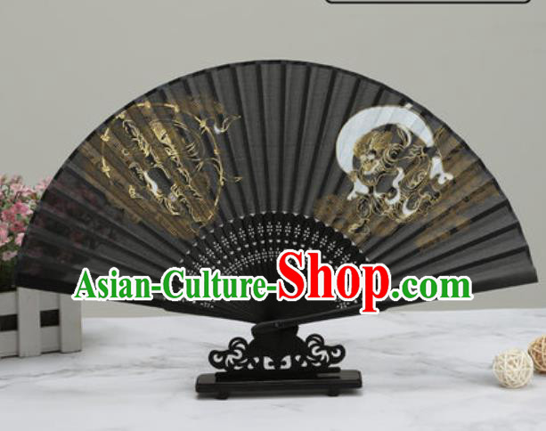 Chinese Traditional Printing Tigers Black Silk Fan Classical Dance Accordion Fans Folding Fan