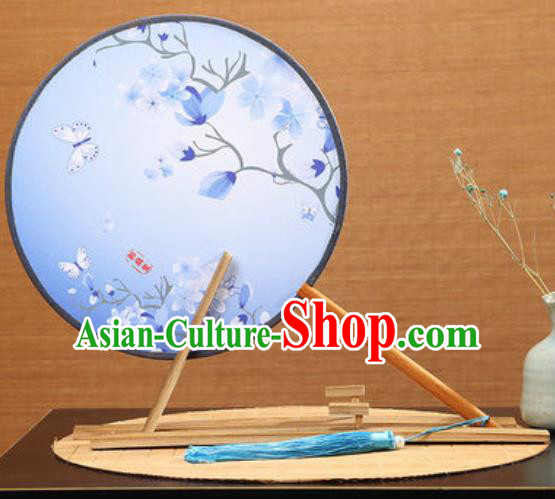 Handmade Chinese Printing Mangnolia Butterfly Blue Round Fans Traditional Classical Dance Red Beech Palace Fan for Women