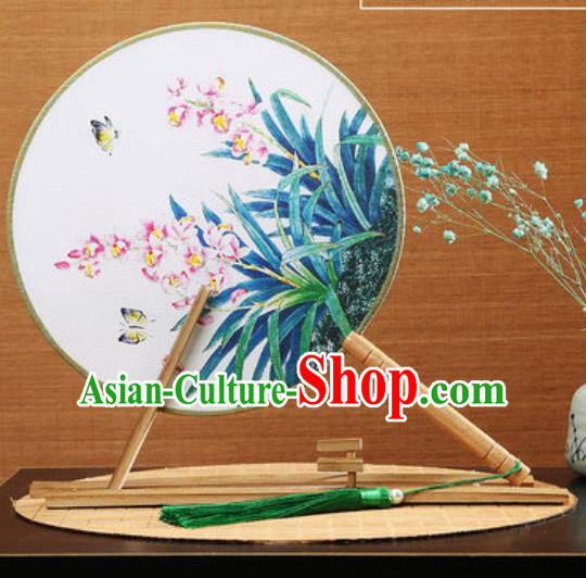 Handmade Chinese Printing Butterfly Orchid Round Fans Traditional Classical Dance Red Beech Palace Fan for Women