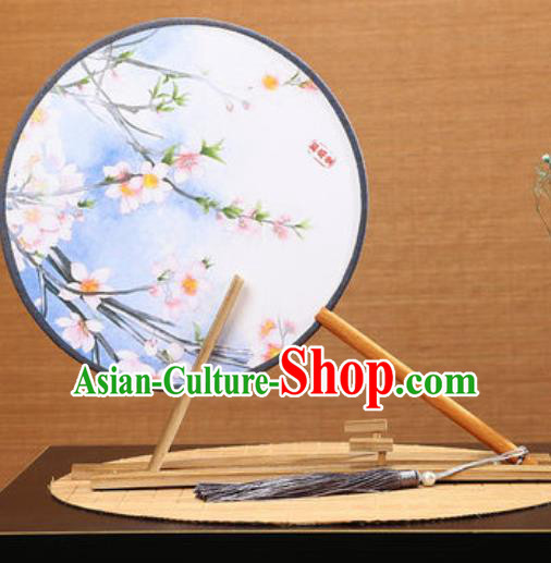 Handmade Chinese Printing Peach Blossom Blue Round Fans Traditional Classical Dance Red Beech Palace Fan for Women