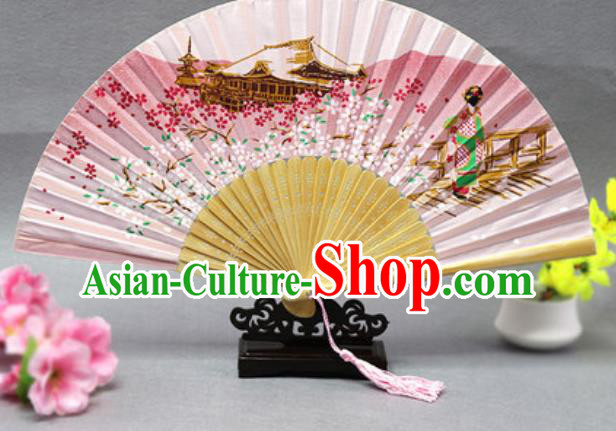 Handmade Chinese Printing Sakura Pink Fan Traditional Classical Dance Accordion Fans Folding Fan