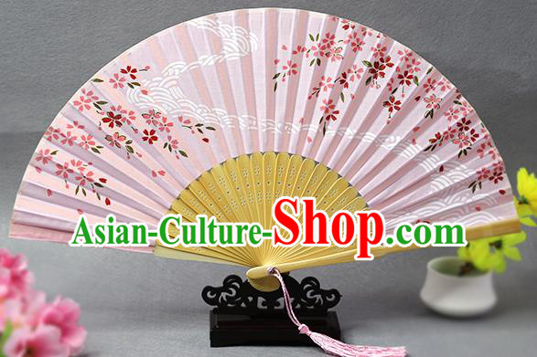 Handmade Chinese Printing Flow Sakura Pink Fan Traditional Classical Dance Accordion Fans Folding Fan