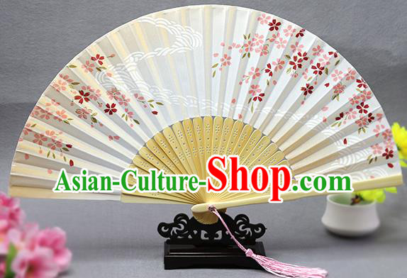 Handmade Chinese Printing Flow Sakura White Fan Traditional Classical Dance Accordion Fans Folding Fan