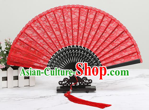 Handmade Chinese Red Lace Fan Traditional Classical Dance Accordion Fans Folding Fan