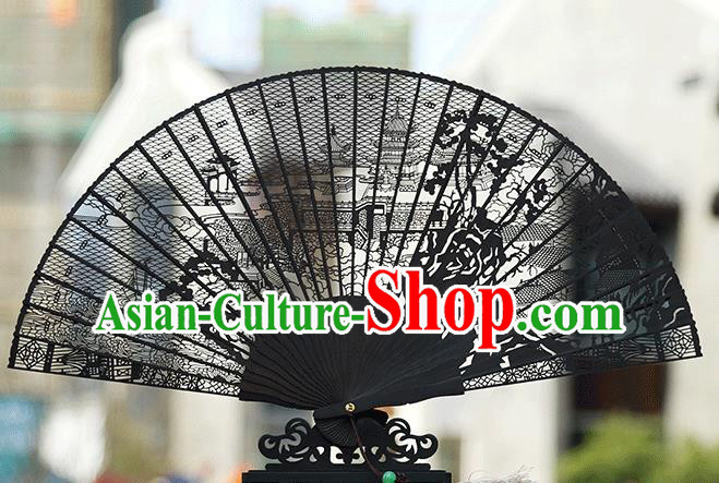 Handmade Chinese Carving Beijing Garden Ebony Fan Traditional Classical Dance Accordion Fans Folding Fan