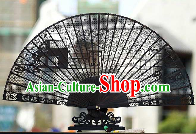 Handmade Chinese Carving Humble Administrator Garden Ebony Fan Traditional Classical Dance Accordion Fans Folding Fan