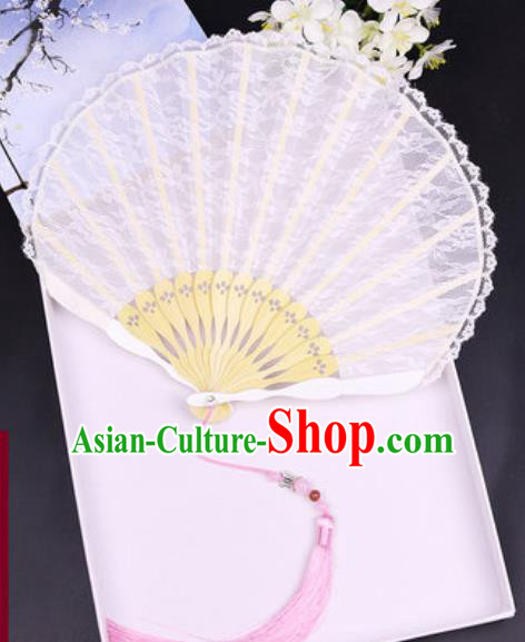 Handmade Chinese White Lace Fan Traditional Classical Dance Accordion Fans Folding Fan