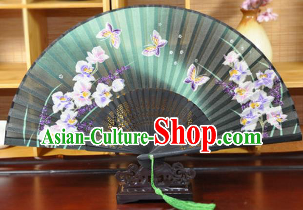 Handmade Chinese Printing Butterfly Green Silk Fan Traditional Classical Dance Accordion Fans Folding Fan