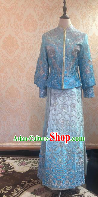 Chinese Traditional Xiu He Suit Blue Dress China Ancient Bride Wedding Costume for Women