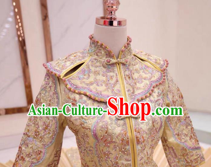 Chinese Traditional Xiu He Suit Embroidered Champagne Dress China Ancient Bride Wedding Costume for Women