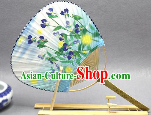Handmade Chinese Printing Phalaenopsis Blue Paper Fans Traditional Classical Dance Palace Fan for Women