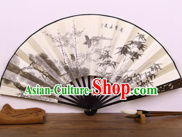 Handmade Chinese Ink Painting Pine Bamboo Plum Carving Fan Traditional Classical Dance Accordion Fans Folding Fan
