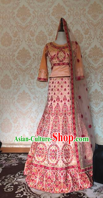 Indian Traditional Embroidered Orange Lehenga Dress Asian India Bride Wedding Costume for Women