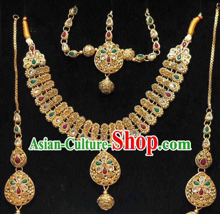Indian Traditional Wedding Colorful Gem Necklace Earrings and Eyebrows Pendant Asian India Bride Headwear Jewelry Accessories for Women