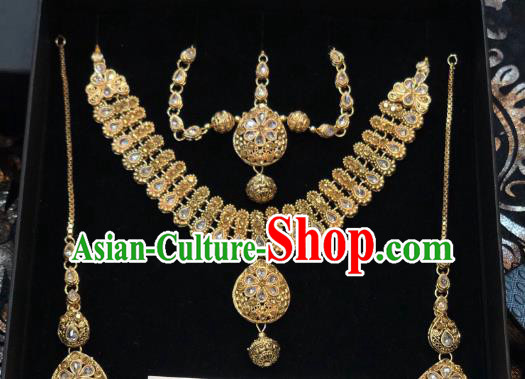 Indian Traditional Wedding Crystal Necklace Earrings and Eyebrows Pendant Asian India Bride Headwear Jewelry Accessories for Women
