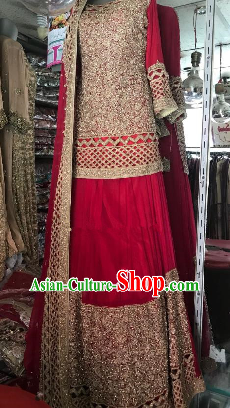 Indian Traditional Bride Exquisite Embroidered Wine Red Lehenga Dress Asian Hui Nationality Wedding Costume for Women