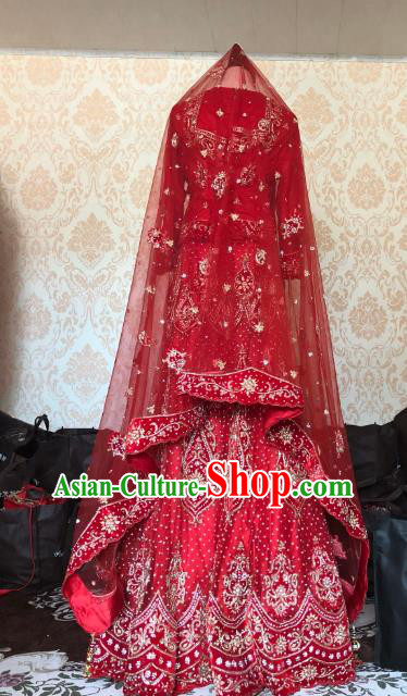 Indian Traditional Wedding Costume Asian Hui Nationality Bride Embroidered Red Lehenga Dress for Women